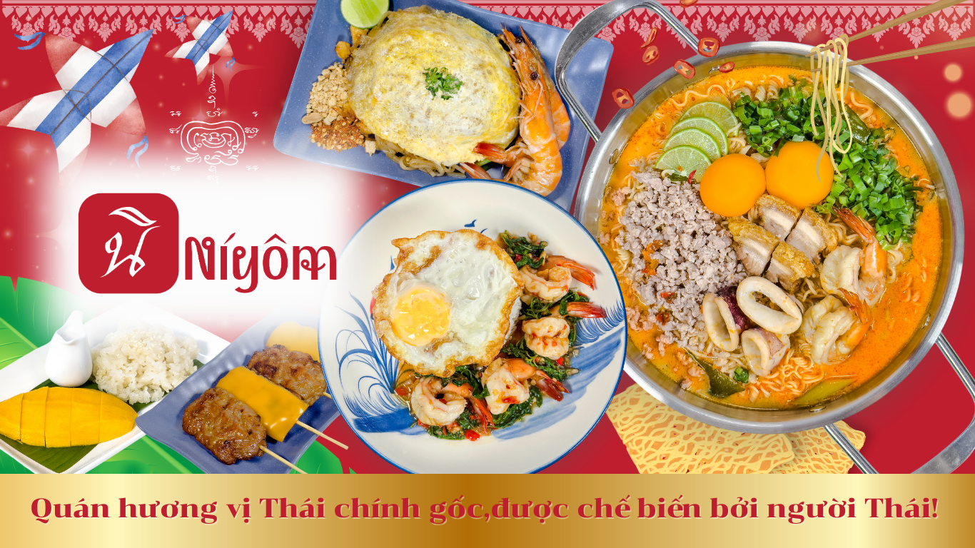 Các món ăn Thái đa dạng tại nhà hàng Niyom Mamathai ở TP. Hồ Chí Minh, bao gồm Pad Thai, Tom Yum Goong, Cà ri xanh và Som Tam, được bày trí đẹp mắt với nguyên liệu tươi ngon và hương vị chuẩn Thái.